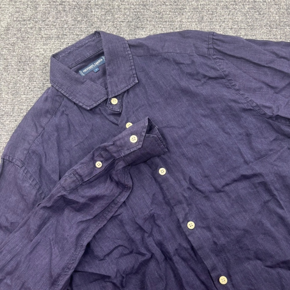 Frescobol Carioca Button Down Shirt Large Navy Blue 100% Linen‎ Men's
